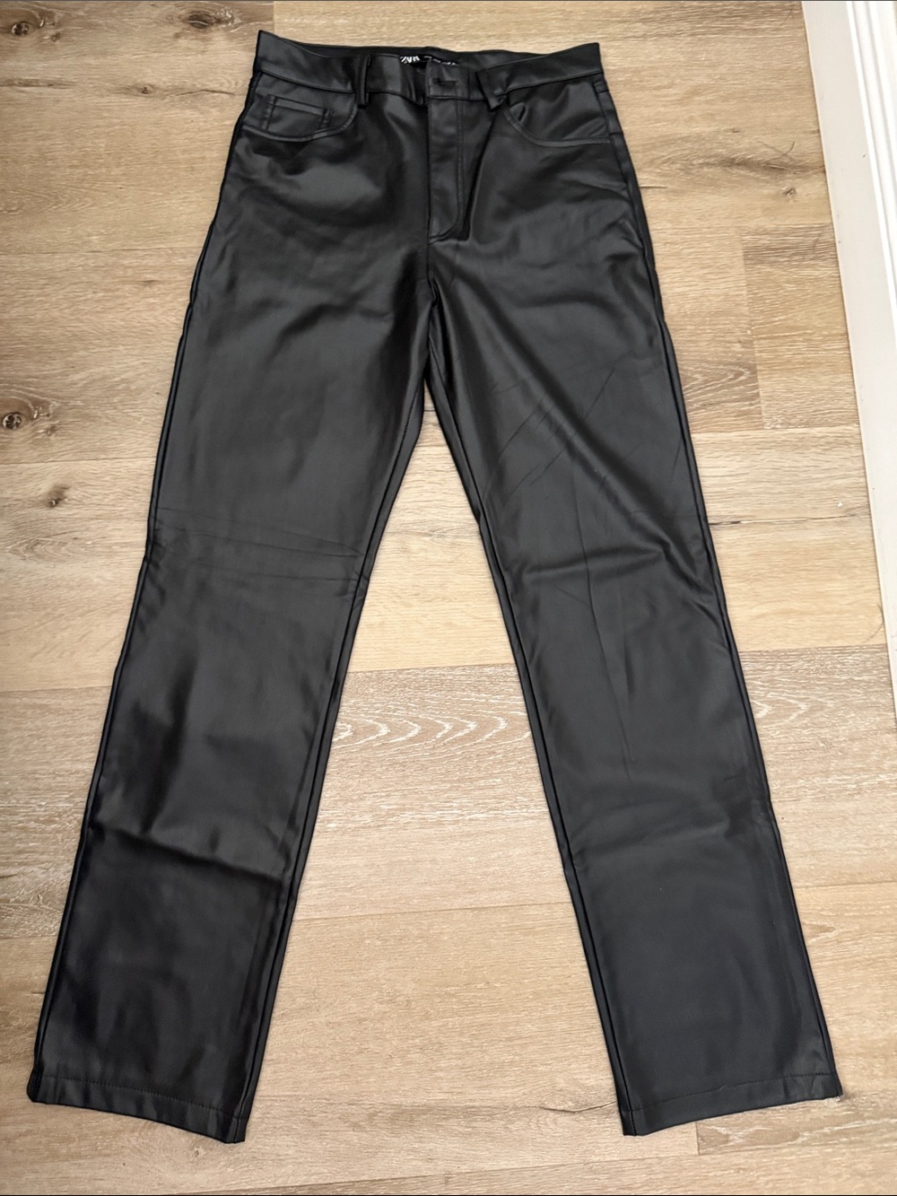 Zara Black Faux Leather Straight-Leg Pants
